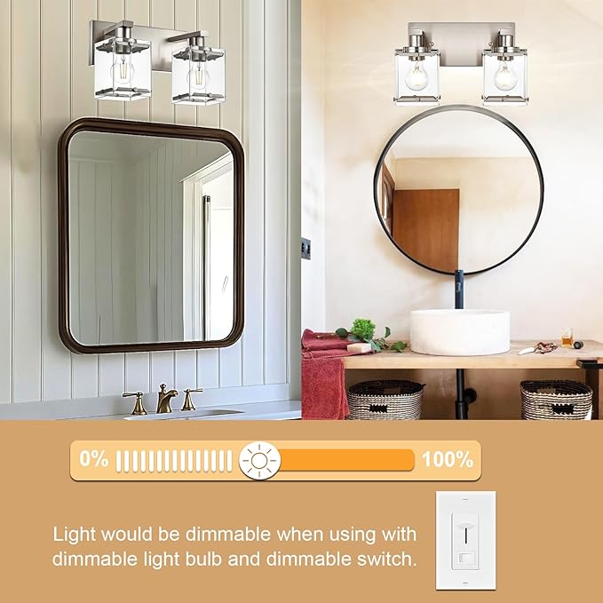 2-Lights Wall Sconce Lighting E26 Bulb Base, Modern Brushed Nickel Bathroom Vanity Light for Over Mirror Bedroom Cabinet, Wall Light Fixtures with Clear Glass Shades