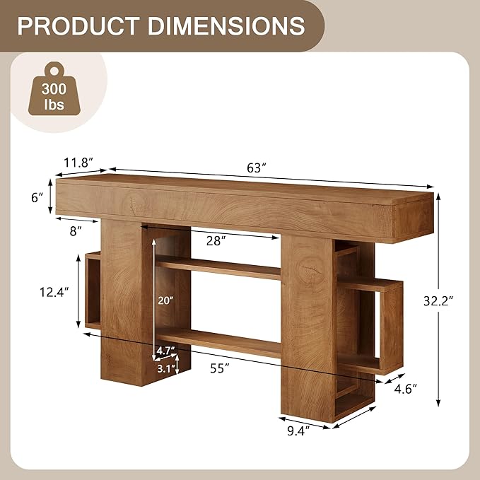 63 Inch Long Console Table for Entryway, Farmhouse Wooden Sofa Table Behind Couch with 3-Tier Storage Shelf, Narrow Entry Accent Table for Living Room, Hallway, Foyer, Natural