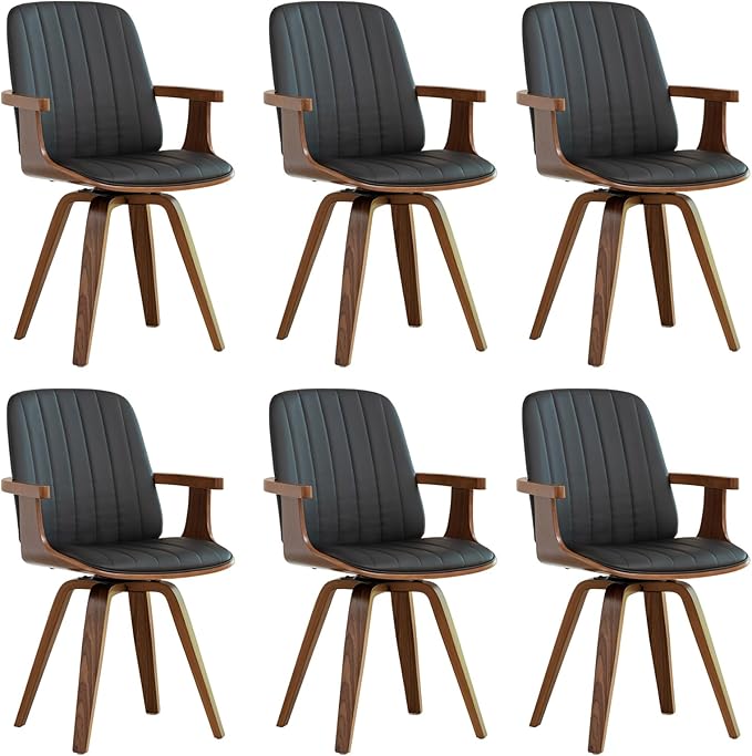 Swivel Dining Chairs, Set of 6 Kitchen Swivel Chairs with Walnut Craftsmanship, Upholstered Faux Leather, Wooden Arms and Legs, Walnut Dining Chairs for Kitchen/Living Room - Black