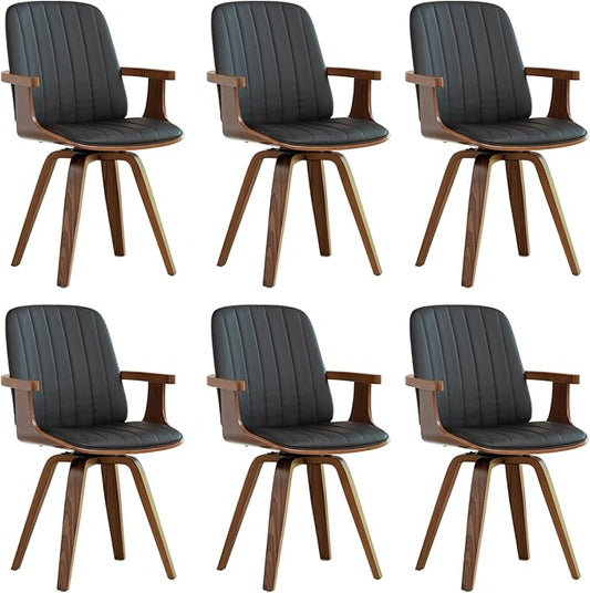 Swivel Dining Chairs, Set of 6 Kitchen Swivel Chairs with Walnut Craftsmanship, Upholstered Faux Leather, Wooden Arms and Legs, Walnut Dining Chairs for Kitchen/Living Room - Black