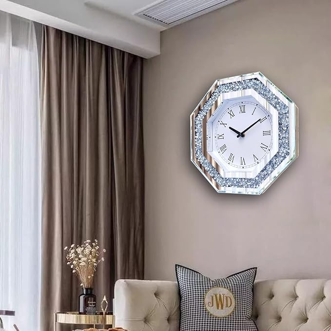 Wall Clock, Octagon Mirror Glass Clock, Cute Diamond 12-inch Non-Ticking Clock for Wall Décor, Perfect Home Decor for Bedroom, Bathroom Motif, Dining Room(Excluding Batteries.)