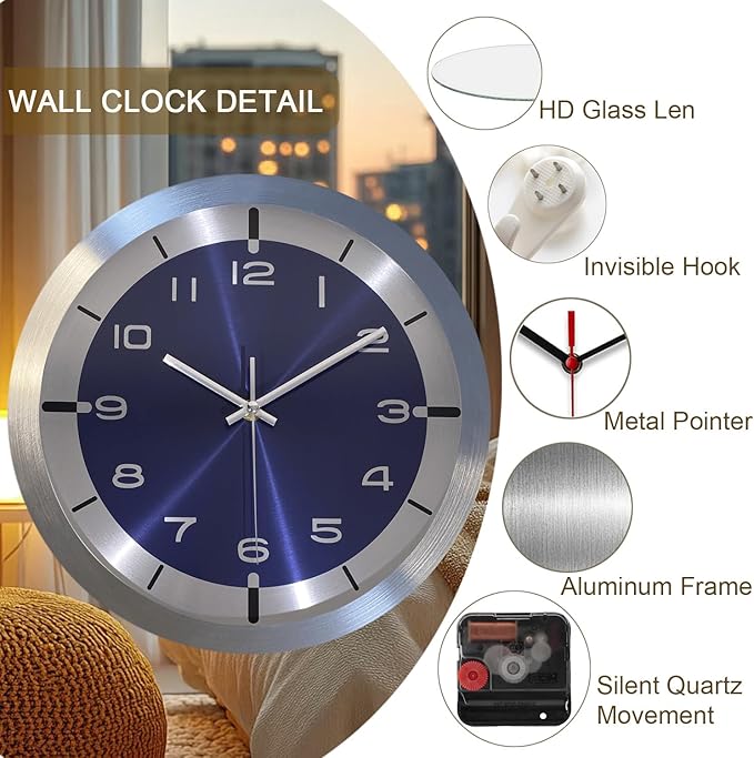 Silent Wall Clock Decorative,Analog Stainless Steel Wall Clock Battery Operated