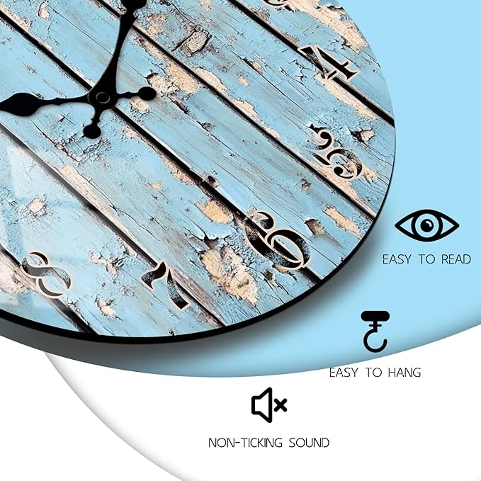 12 Inch Coastal Wooden Wall Clock for Kitchen - Round Wall-Clocks with Sea Mew Design Battery Operated Silent Clocks for Farmhouse, Bedroom Decor