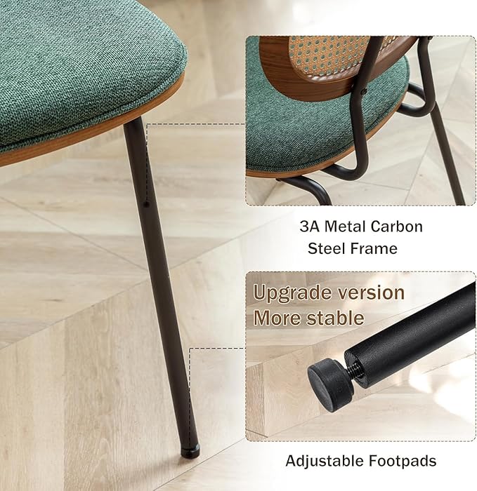 Rattan Dining Chairs Set of 4, Christmas Chair Mid Century Modern Dining Chairs with Cane Back for Kitchen Dining Room, 19 Inch Fabric Green