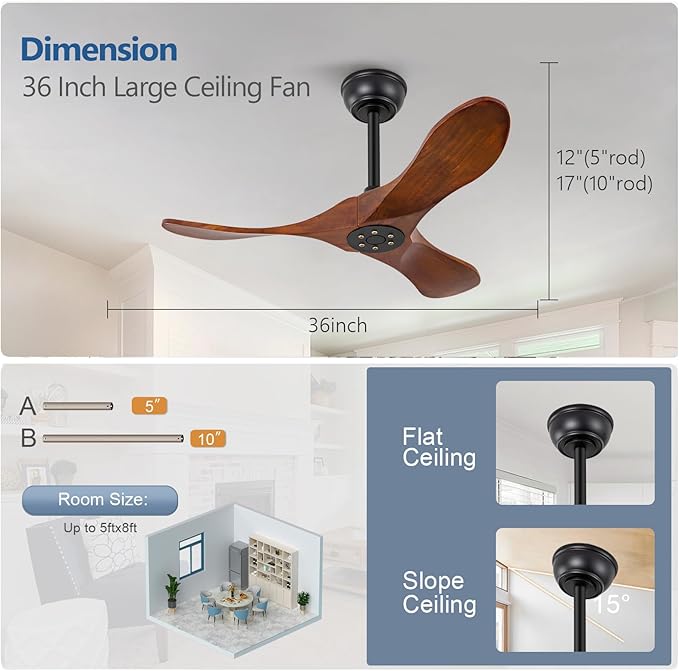 36 Inch Solid Wood Ceiling Fan with Remote,Ceiling Fan no Light,6 Speeds,Noiseless,Reversible DC Motor,Modern Ceiling Fans without Lights for Living Room Bedroom Farmhouse,Patios