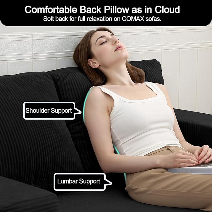 COMAX Convertible Sofa Bed Queen, Folding Fold Out Couch Bed, Floor Futon Couch Corduroy Sleeper Mattress with Back Pillows, Boneless Sofa Comfy Lounge Loveseat for Living Room Bedroom, Black