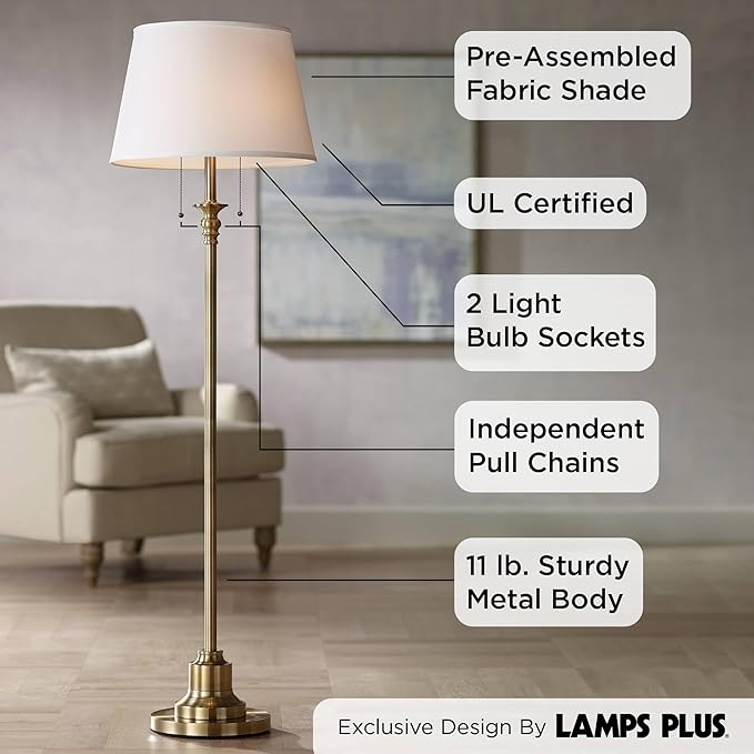 360 Lighting Spenser Traditional Floor Lamp Standing 58" Tall Brushed Antique Brass Gold Metal Thin Column Off-White Linen Fabric Empire Shade for Living Room Reading House Bedroom Home