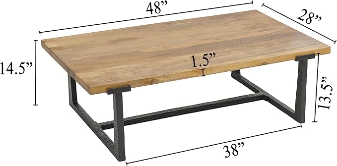 The Urban Port Marlon 48" Coffee Table | Handmade Aluminum Cast Frame | Natural Solid Mango Wood Top, Black and Brown
