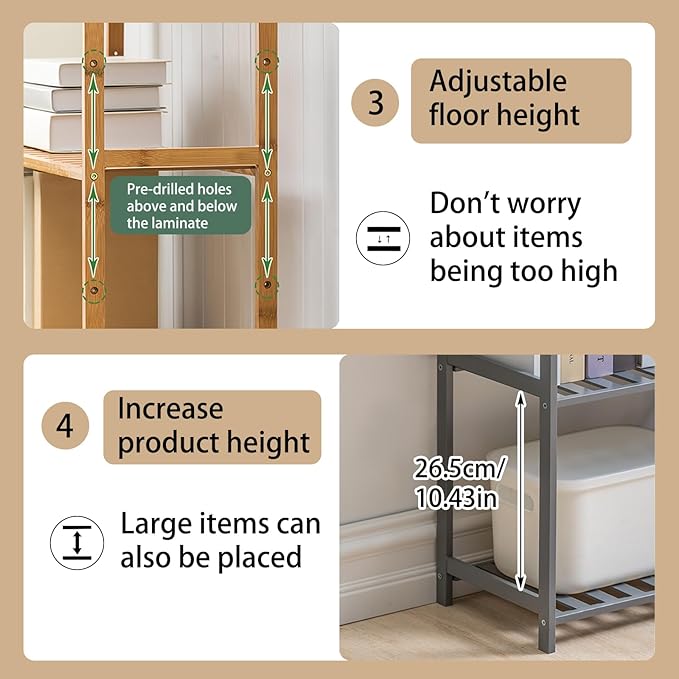 Bamboo Shelf, 4-Tier Bookcase Storage Shelves, Small Book Rack Shelving Unit, Multipurpose Storage Display Shelf for Bathroom Kitchen Living Room Office (3-Tier Grey-20.08in)