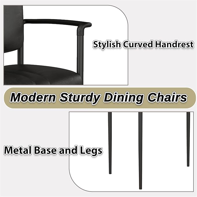 Mid-Century Modern PU Leather Dining Chairs Set of 2, Upholstered Kitchen Chairs with Arms and Metal Legs Adjustable Feet for Kitchen Dining Room(Black)