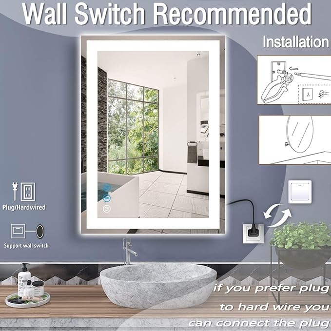30 x 20 Inch LED Bathroom Mirror with Lights 3 Color Adjustable Brightness Frontlit Anti-Fog 30" Lighted Vanity Mirror for Bathroom Wall Horizontal/Vertical Mounted 30 Smart Light up Mirrors