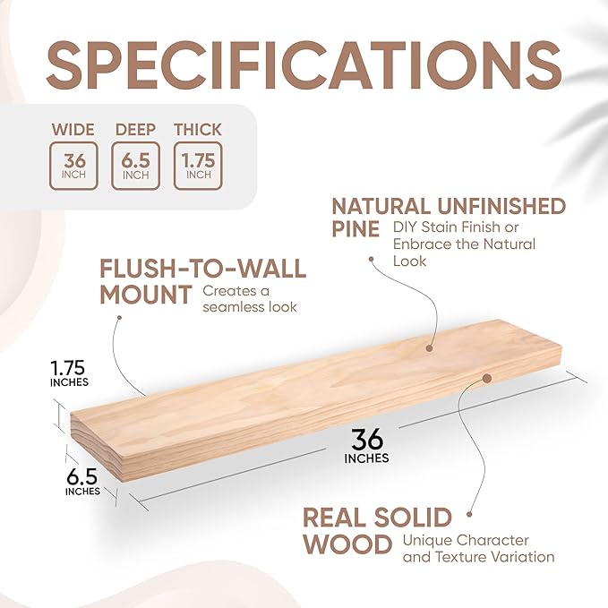 Homeforia 36 inch Wood Floating Shelves, High End Solid Natural Wood 36inch Large Floating Shelf Bathroom, Unfinished Wooden Floating Shelves for Wall, Heavy Duty Bracket, 36 X 6.5 X 1.75 in, Set of 3