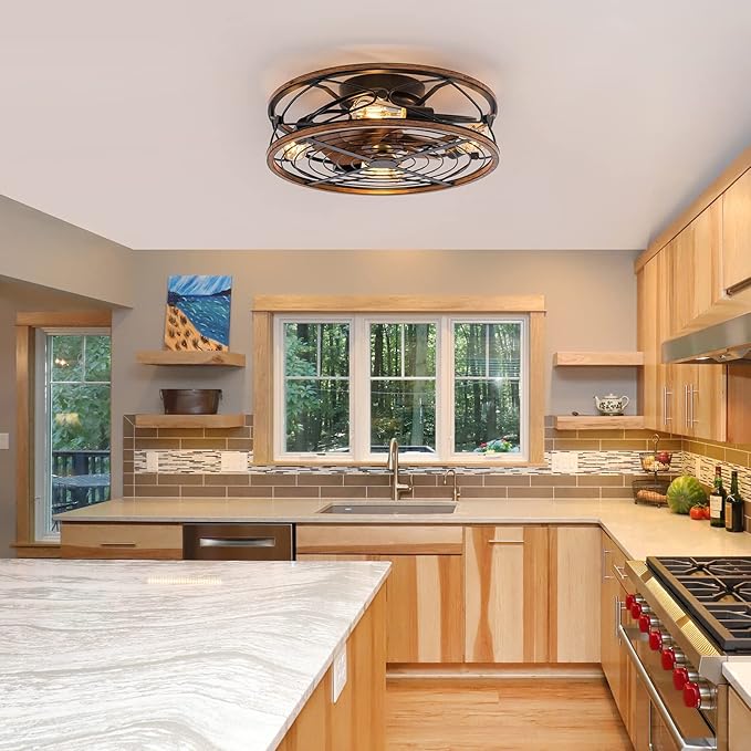 TIFEROR 20" Low Profile Caged Ceiling Fans with Lights and Remote, Farmhouse Flush Mount Ceiling Fan with 3 Speeds Reversible Motor, for Kitchen, Bedroom (Bulbs Included)