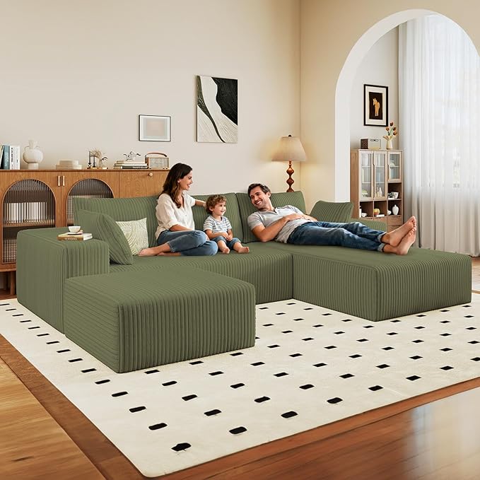 96" U-Shape Cloud Couch, Modern Modular Sectional L-Shape Sofa with Ottoman, Corduroy Upholstered Couches Deep Seat Sleeper Chaise Longue for Living Room, No Assembly Required(Green, Right Facing)