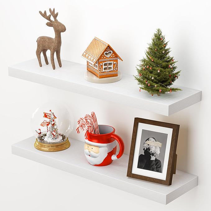 Heimlove 24 Inch Floating Shelves for Wall,Mounted Storage Wood Shelves with Invisible Brackets Hanging Shelf for Bedroom,Living Room,Kitchen,Office,Set of 2,White
