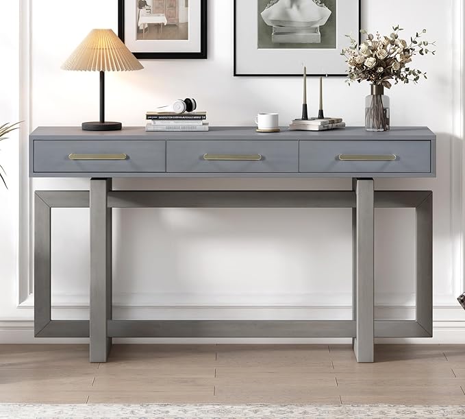 57” Entryway Console Sofa Table with Storage Drawers, Long Narrow Behind Couch Furniture for Living Room, Entrance, Hallway, Front Door, Antique Gray