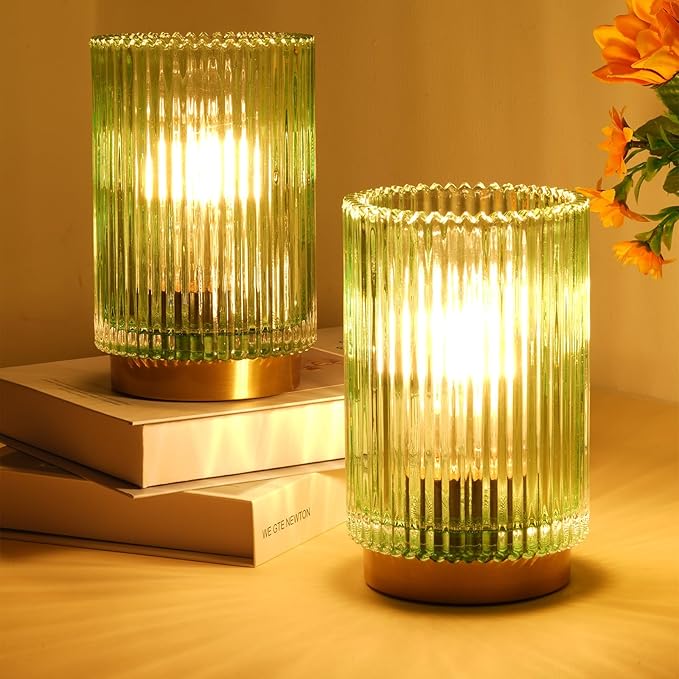 Battery Operated Lamp, Cordless Table Lamp with Timer, Desk Bedside Lamps with LED Warm Light, Glass Small Table Lamp for Bedroom, Bathroom, Living Room, Home Decor - Green