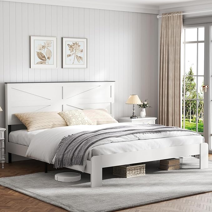 Wooden Bed Frame King Size with Headboard, Farmhouse Platform Bedframe with Wood Slat Support, Sturdy Framework Bed Frame, Easy Assembly (Rustic White)