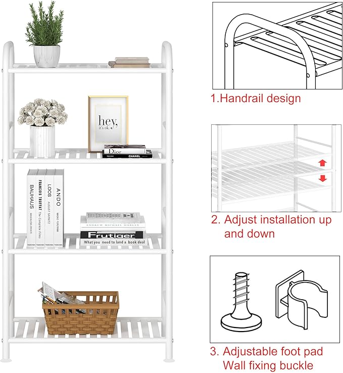 JSB 4-Tier Adjustable Shelving Unit, Heavy Duty Storage Rack Organizer Metal Corner Shelf for Kitchen Living Room Laundry Pantry Bathroom (White, 4 Tier)…