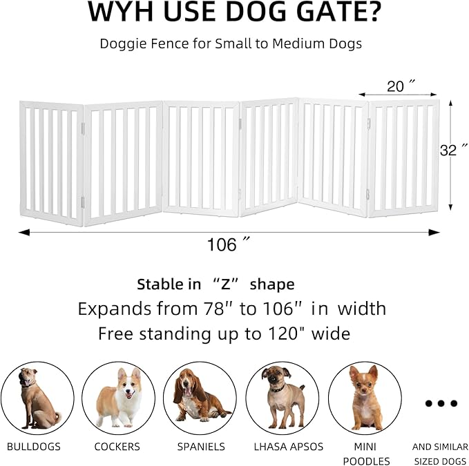 ZJSF Freestanding Indoor Dog Gate for House Foldable Wood White Puppy Gate for Doorways Pet Gate for Stairs Extra Wide Pet Fence 32" Height 6 Panels
