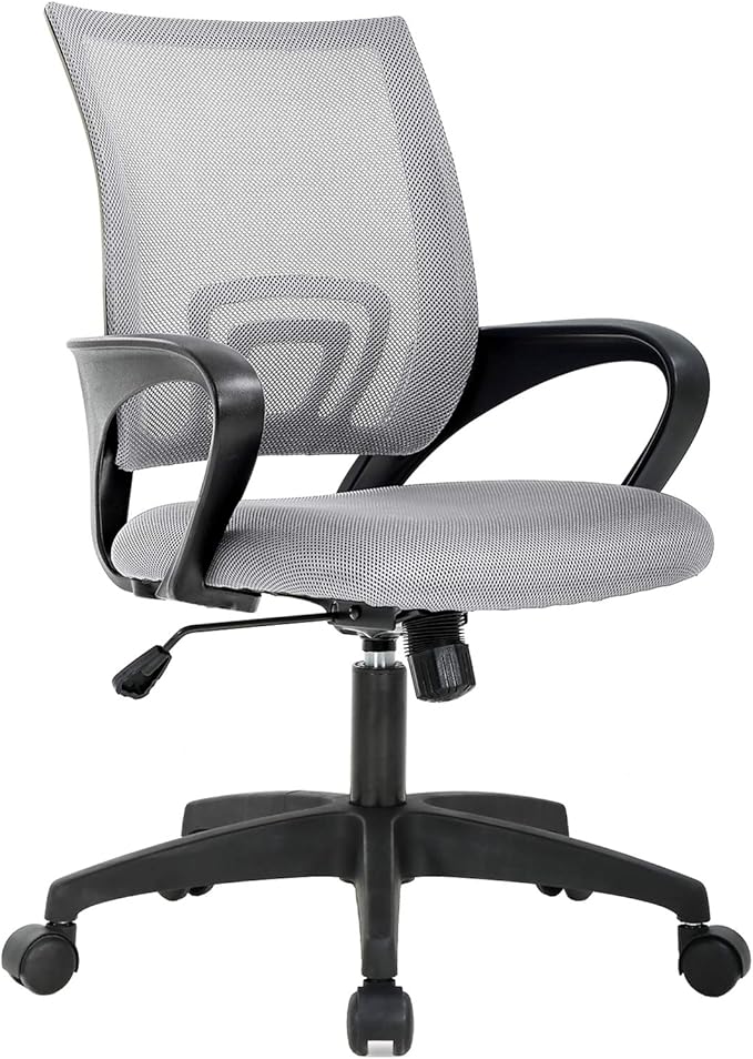 BestOffice | Ergonomic Office Chair | Mid-Back Swivel Desk Chair | Breathable Backrest & Lumbar Support | Adjustable Height | Sponge Seat | Rolling Wheels | Grey | for Adults & Women