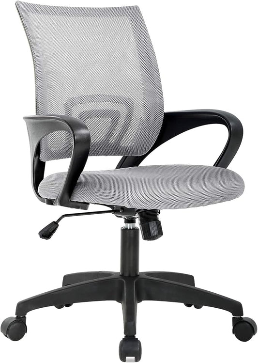 BestOffice | Ergonomic Office Chair | Mid-Back Swivel Desk Chair | Breathable Backrest & Lumbar Support | Adjustable Height | Sponge Seat | Rolling Wheels | Grey | for Adults & Women