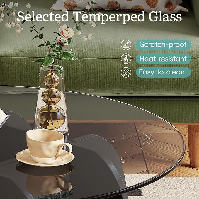 Coffee Table for Living Room Mid Century Modern Round Center Table with Glass Top, Black