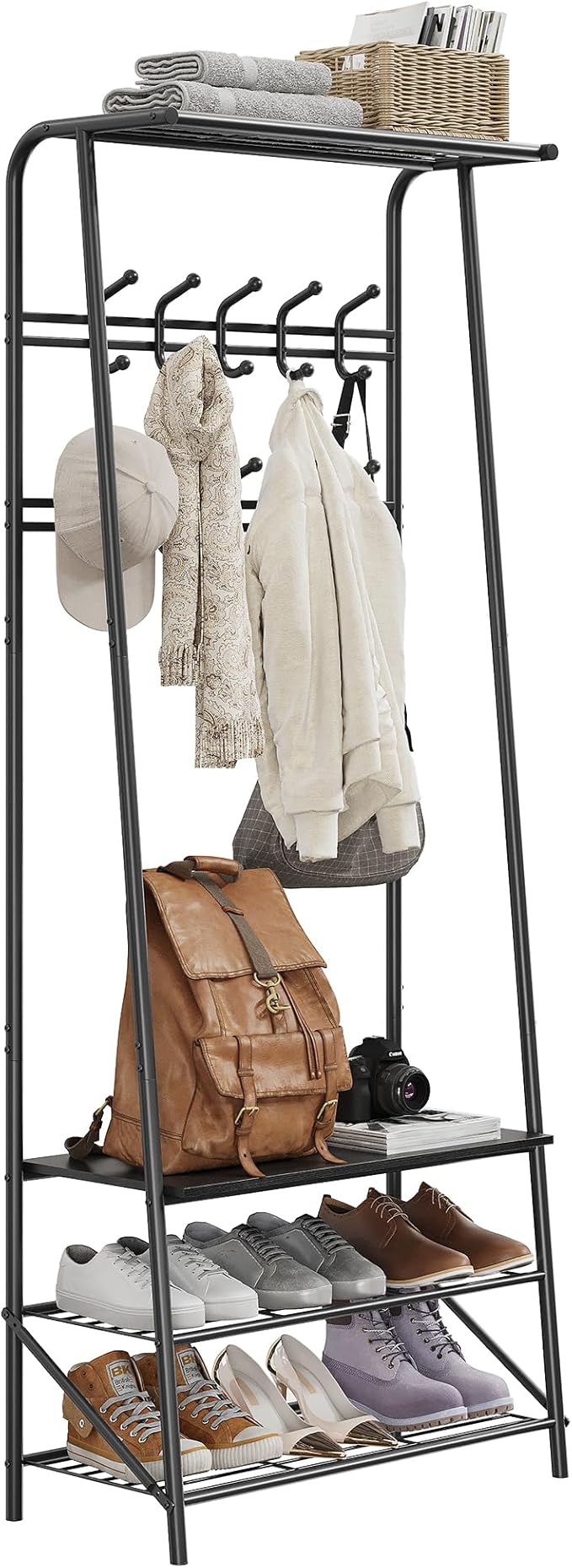 MDF Hall Tree with Bench, 4-in-1 Entryway Coat Rack with Storage Shelf & Shoe Organizer, Sturdy Freestanding Furniture for Living Room, Bedroom, Mudroom