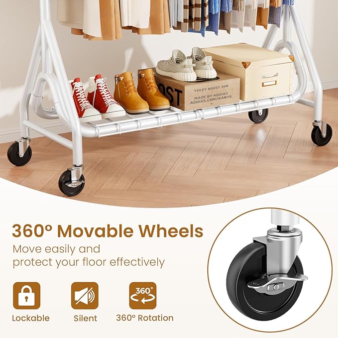 Heavy Duty Clothes Rack for Hanging Clothes, Double Rods Clothing Rack with Lockable Wheels, Rolling Metal Garment Racks Heavy Duty, Portable Wardrobe Closet Racks, White