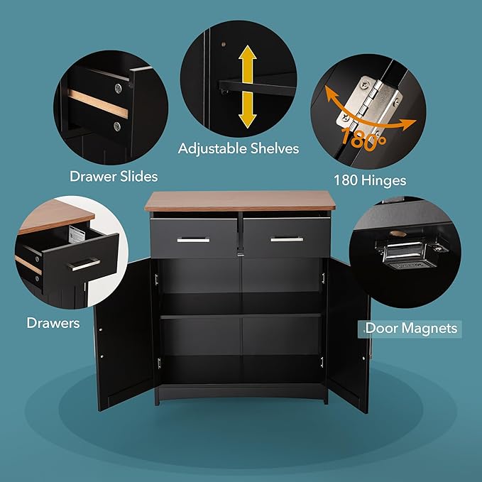 Buffet Cabinet with Storage, Coffee Bar Cabinet 26 x 30 Inches, Oak Top Sideboard Cabinet, Matte Black Finish, Anti-Fall Drawers, Arched Doors, Adjustable Shelves