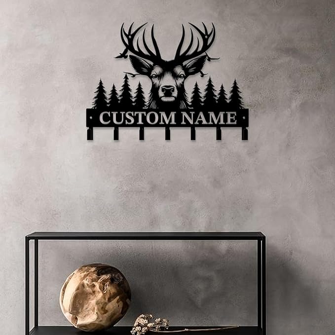 Personalized Custom Name Forest Deer Wall Keys Hooks,Metal Forest Deer Art Clothes Hooks,Metal Forest Deer Wall Home Storage Decorative,For Front Door, Hallway, Kitchen, Bedroom,Keys,Hats (Style E)