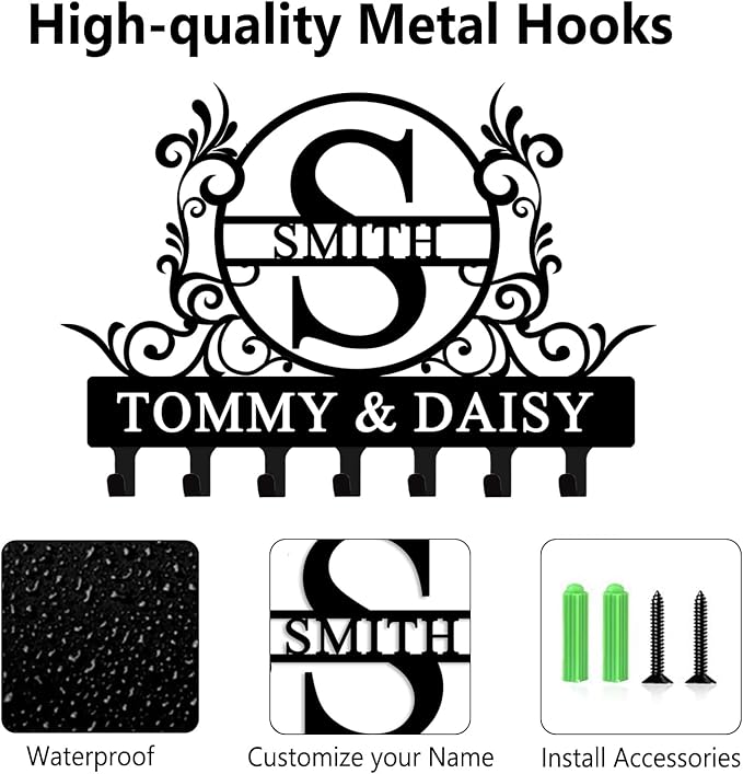 Personalized Metal Key Holder Wall Mount with Family Name Custom Key Hooks Wall Mounted Key Hooks Monogram Name Decor for Kitchen Entryway Hallway Office Doorway