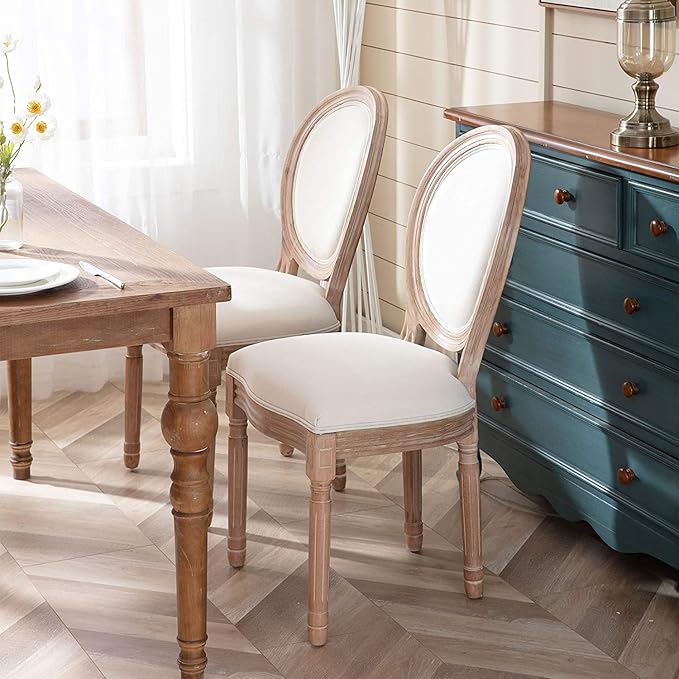 Nrizc French Dining Chairs Set of 6, French Country Dining Chair, Vintage Farmhouse Dining Chairs with Round Back, Solid Wood Beige Fabric Dining Room Chairs, for Kitchen, Bedroom, Dining Room