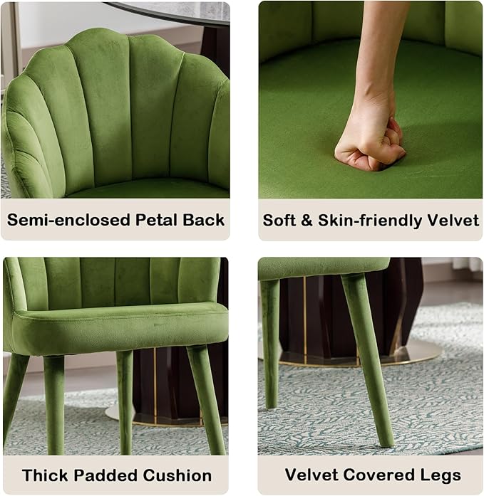Velvet Dining Chairs Set of 2 Modern Living Room Chairs with Petal Back & Wood Legs Comfy Upholstered Side Chair for Dining Room/Bedroom/Vanity, Olive