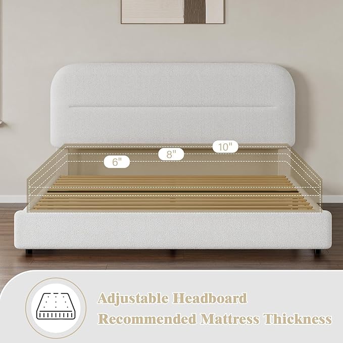 HOMBCK Queen Size Boucle Bed Frame, Upholstered Bed Frame Queen Size with Headboard, Soft Cloud Bed with Thickened Footboard, Rounded Corners, No Box Spring Needed, Easy Assembly, White