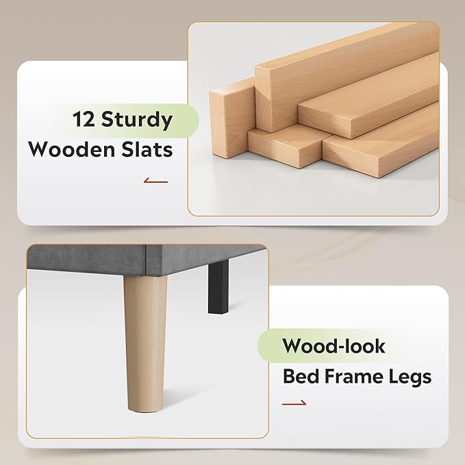 WLIVE Queen Size Upholstered Bed Frame with Storage Headboard, Velvet Square Tufted Platform Bed with Charging Station, Sturdy Metal & Wooden Slats Support, No Box Spring Needed, Grey