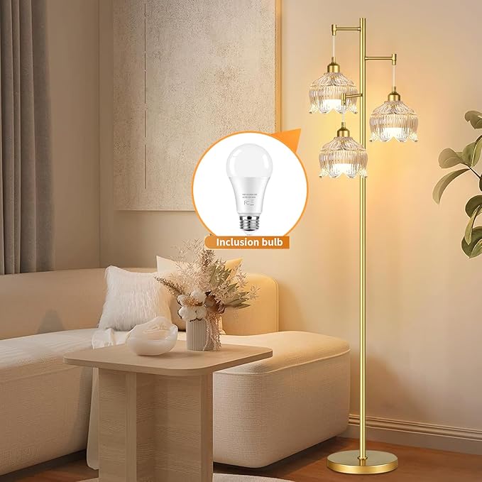 Gold Floor Lamps for Living Room Bedroom-3 Light Glass Floor Lamp with Three Led Bulb,Mid Century Standing Lamp Vintage Brass Tall Lamp Tree Floor Lamp for Bedroom Corner