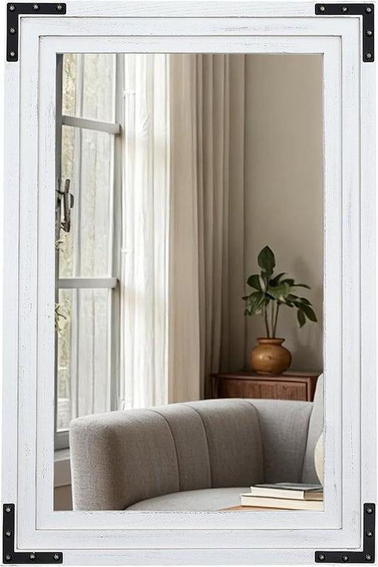 Full Length Mirror 30"x20" Solid Wood Frame Floor Standing Mirror, Hanging or Leaning Wall-Mounted for Living Room, Bedroom, Rustic White