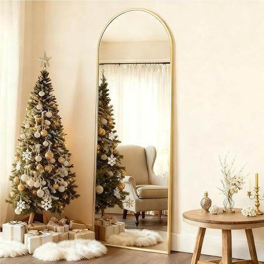 MISSDAY 64"x21" Arched Full Length Mirror, Gold Full Body Mirror with Stand, Floor Mirror Long Free Standing, Leaning or Hanging, Aluminum Thin Frame Wall-Mounted Mirrors Wall Mirrors for Bedroom