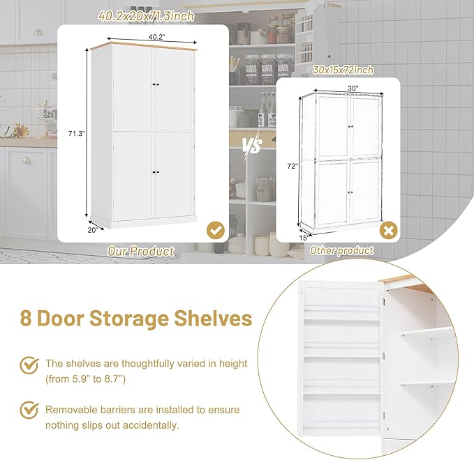 Merax 71.3" Tall Kitchen Storage Cabinet Pantry Farmhouse Freestanding Large Cupboard with 2 Drawers,2 Adjustable Shelves,8 Door-Shelf for Dining Room,White