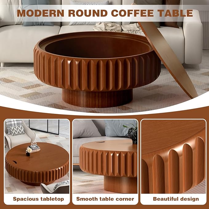 31.5in Drum Coffee Table with Storage Modern Unique Fluted Tea Table Contemporary Round Coffee Table with Fluted Center Table for Small Space Apartment (31.5in)