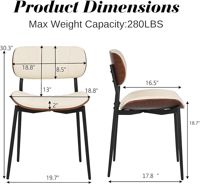 Modern PU Leather Dining Room Chairs Set of 6, Upholstered Kitchen Chairs with Curved Wood Backrest and Metal Legs Adjustable Feet for Kitchen Dining Room(Beige)