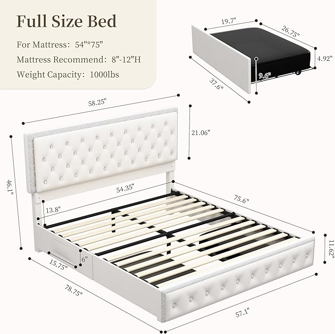 Full LED Bed Frame with 2 Drawers, Storage Platform Beds with Upholstered Crystal Button Tufted Headboard Footboard, 2 Side Pockets, No Box Spring Needed, Velvet Cream