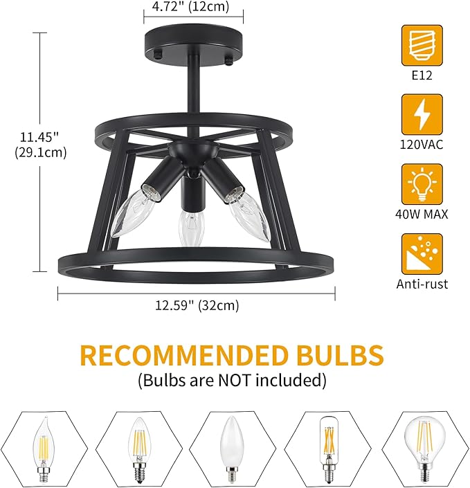 12.59" Black Semi Flush Mount Ceiling Light, 3-Light Modern Close to Ceiling Light Fixtures, Hallway Light Fixtures, Metal Ceiling Lamp for Entryway Bedroom Laundry Dining Room Lighting, UL Listed