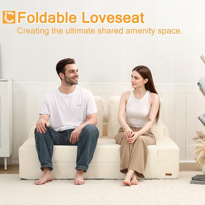 COMAX Convertible Sofa Bed Queen, Folding Floor Couch Corduroy Fold Out Couch Bed Sleeper Mattress with Back Pillows, Boneless Pull Out Loveseat Comfy Futon Lounge for Living Room Bedroom, Beige