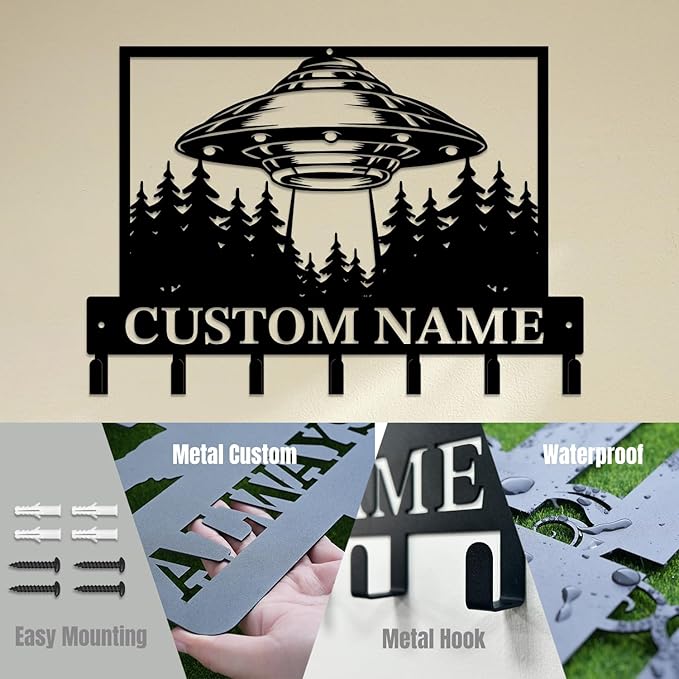 Personalized Custom Alien UFO Metal Wall Keys Hooks,Clothes Hooks Alien ET Art Coat Racks,Door Holder,Black Alien UFO Decorations for Home,Entrance Doors,Hallway, Bedroom,Keys,Hats (Style G)
