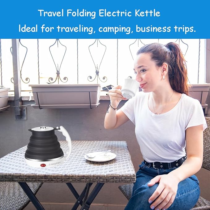 Ultrathin Upgraded Food Grade Silicone Travel Foldable Electric Kettle Boil Dry Protection Portable with Dual Voltage and Separable Power Cord,555ML 110-220V US Plug
