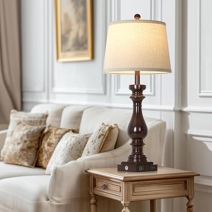 29" Tall Vintage Table Lamps Set of 2,Farmhouse Bedside Lamps with USB C+A Ports & AC Outlet,3-Way Dimmable Touch Lamp for Night Stands Living Room Bedroom,Dark Brown