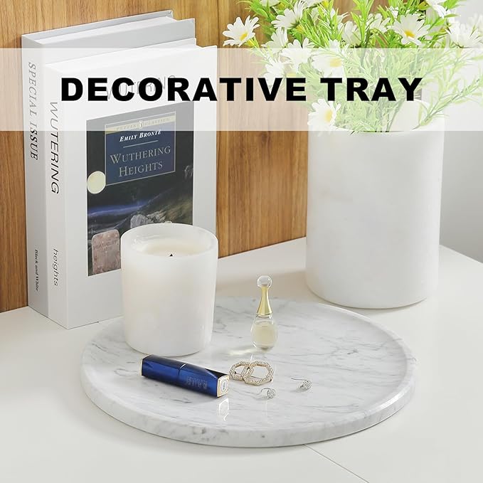 Natural Marble Serving Tray, 11.8in Round, Carrara Marble, Bathroom/Kitchen/Coffee Table Tray for Counter, Decorative Vanity for Catchall, Fruit and Snack