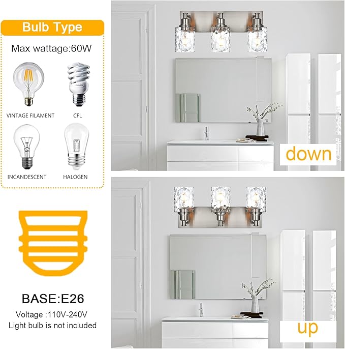 BONLICHT Bathroom Vanity Light Fixtures 3 Lights Modern Wall Sconce Brushed Nickel with Metal Base and Hammered Glass Shade, Industrial Farmhouse Bath Wall Lights for Hallway Kitchen Bedroom